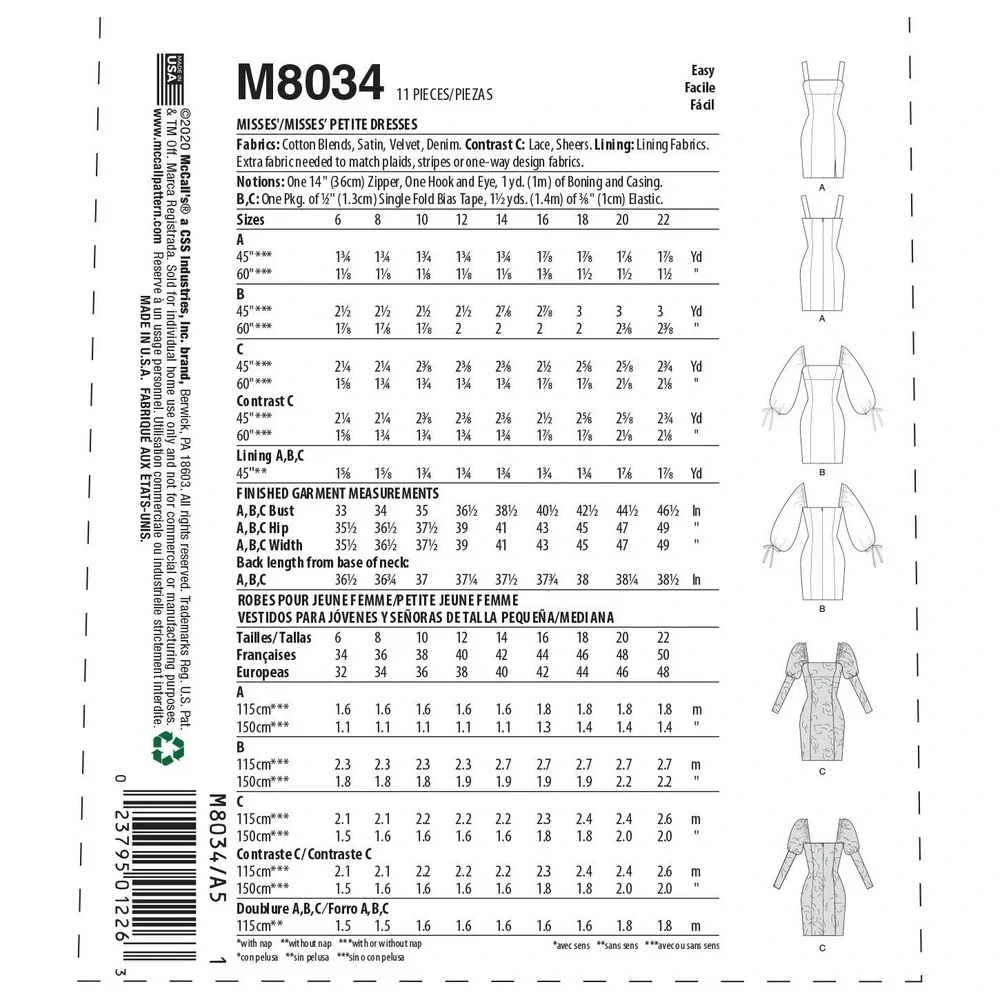 Misses Petite Fitted Dresses Sewing Pattern McCalls M8034 Size 6-14